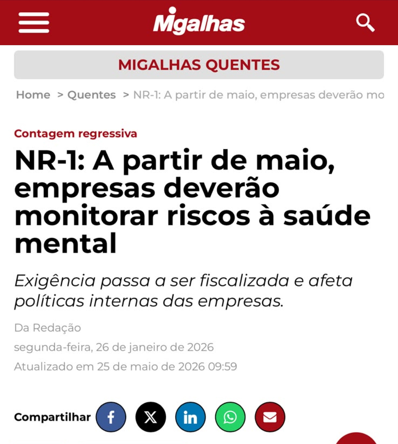 Print de reportagem do Migalhas: "NR-1: a partir de maio, empresas deverão monitorar riscos à saúde mental"