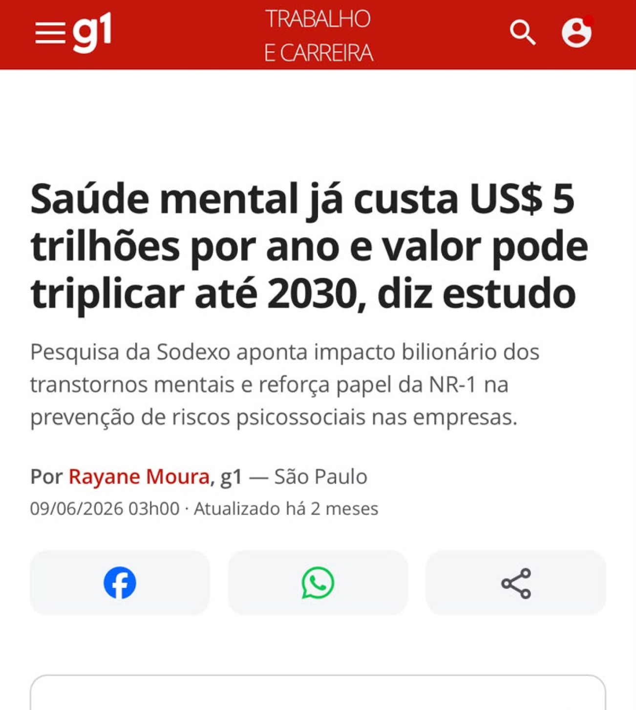 Print de reportagem do g1: "Saúde mental já custa US$ 5 trilhões por ano e valor pode triplicar até 2030, diz estudo"